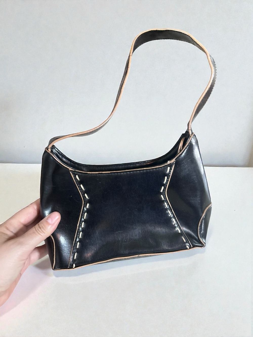 Y2K Black Mini Shoulder Bag Contrast Stitch Baguette Purse